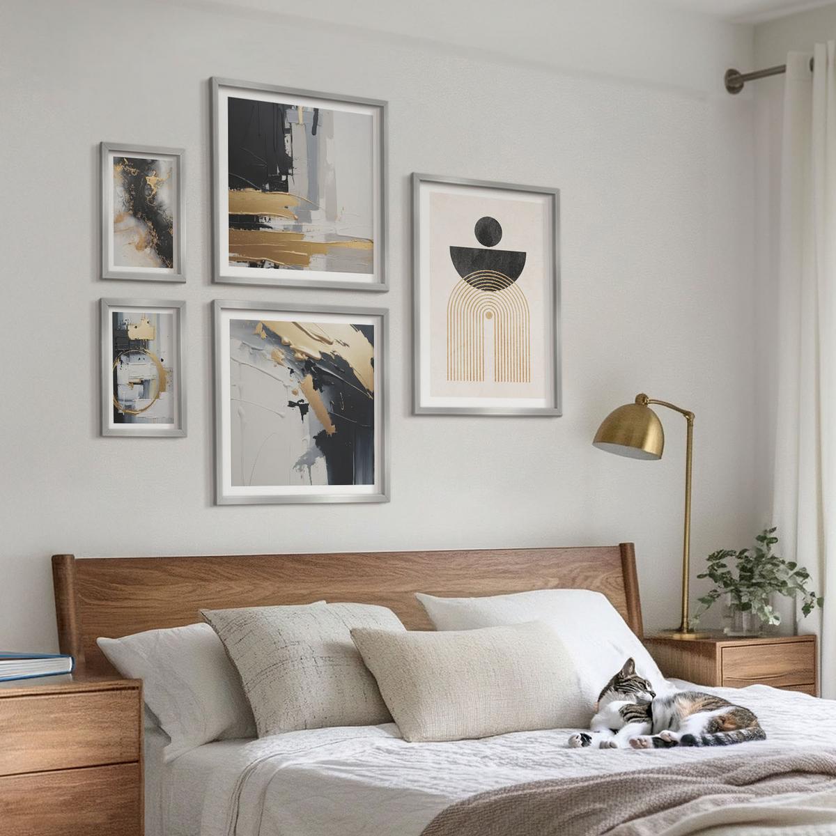 BILDER SET 5er Set - 50x50 cm & 20x30 cm & 40x60 cm Silberner Rahmen - Abstrakte Geometrie-Komposition - Silberfarben, Kunststoff (40/60cm) - TULUP