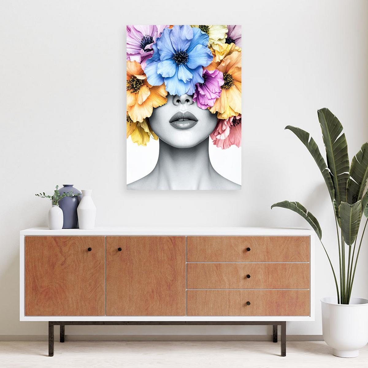 LEINWANDBILD Frau mit Blumen auf dem Kopf 70x100cm - Multicolor, Textil (70/100cm) - Feeby