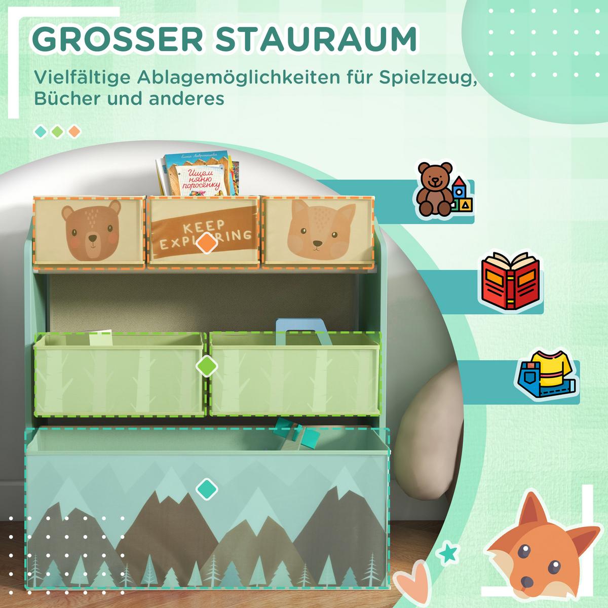KINDERREGAL Spielzeugregal mit 6 herausnehmbare Boxen aus Vliesstoff, Grün - Grün, Holzwerkstoff (30/66/63cm) - ZONEKIZ