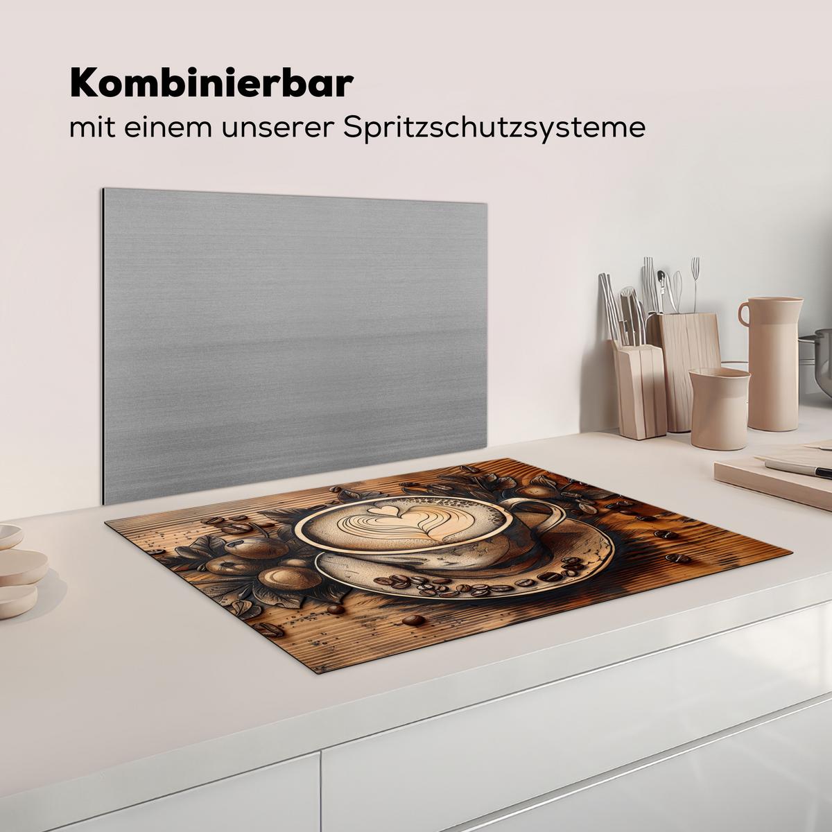 HERDABDECKPLATTE Kaffee - Vintage - Braun - Tasse - Holz Herdabdeckung Induktionsfeld 75x52 cm - Cappuccino, Kunststoff (75/52/0.2cm) - MuchoWow