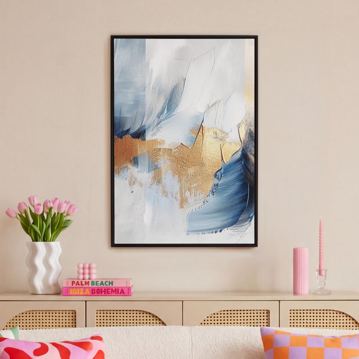LEINWAND Bilder mit Rahmen - Gold - Blau - Aquarell - Kunst - Modern - 60x90 - Hellblau, Textil (60/90cm) - MuchoWow
