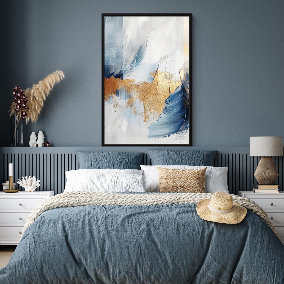 POSTER MIT RAHMEN Gold - Blau - Aquarell - Kunst - Modern Bilderleiste 80x120 cm - Hellblau, Papier (80/120cm) - MuchoWow