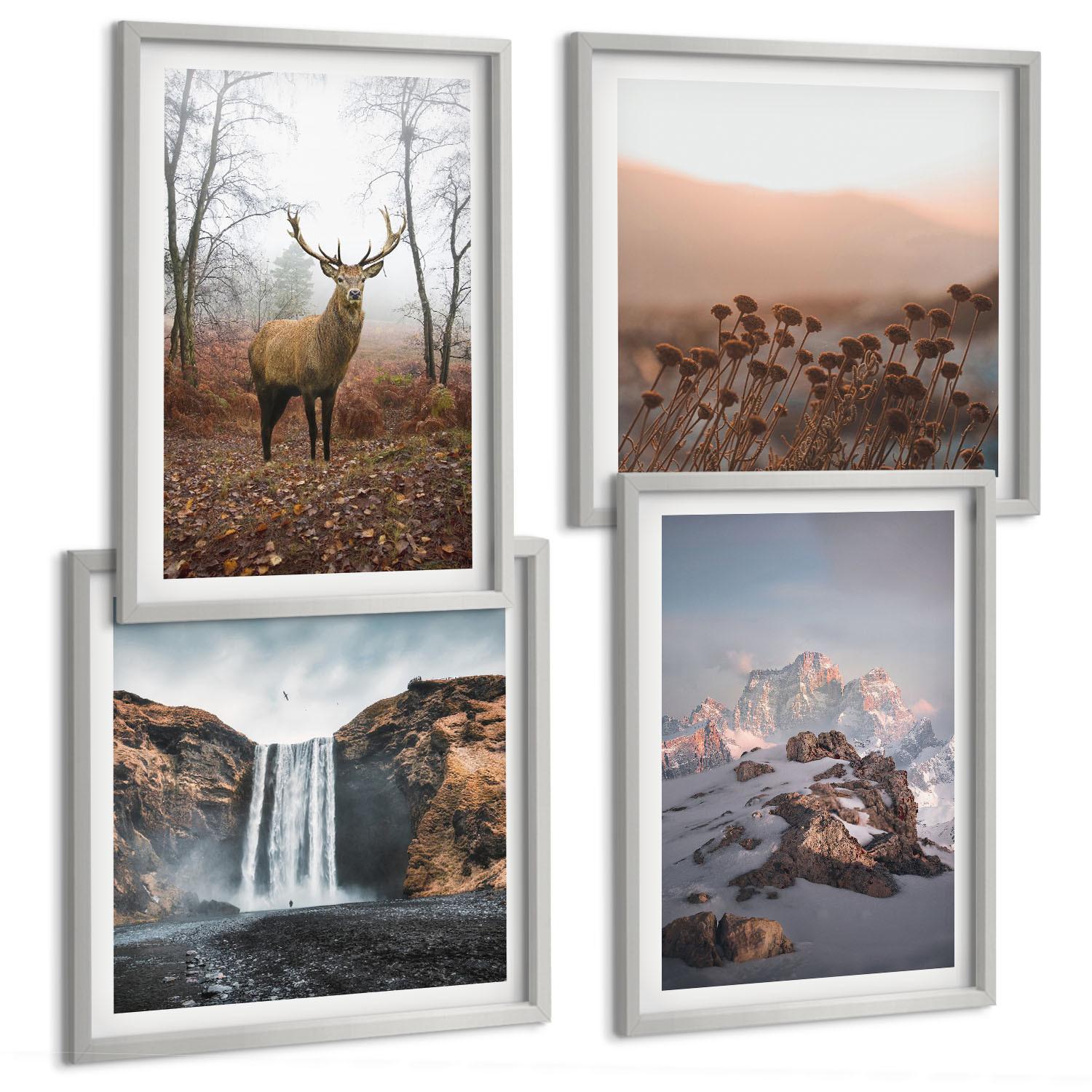 BILDER SET 4er Set - 50x50 cm & 40x60 cm Silberner Rahmen - Wilde Landschaften, Berge, Hirsche - Silberfarben, Kunststoff (50/50cm) - TULUP