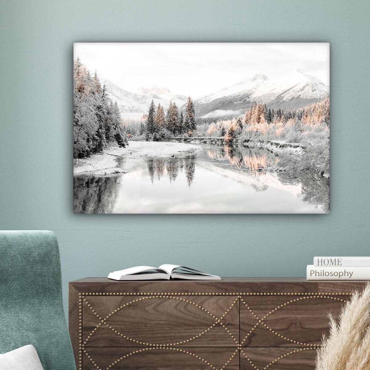 LEINWANDBILD Natur - Winter - Bäume - Berge - Schnee Gemälde 60x40 cm - Weiß Hochglanz, Textil (60/40cm) - MuchoWow
