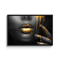 POSTER MIT RAHMENGERAHMTES BILD Frau - Schwarz - Gold - Gesicht - Lippen 90x60 cm - Goldfarben, Papier (90/60cm) - MuchoWow