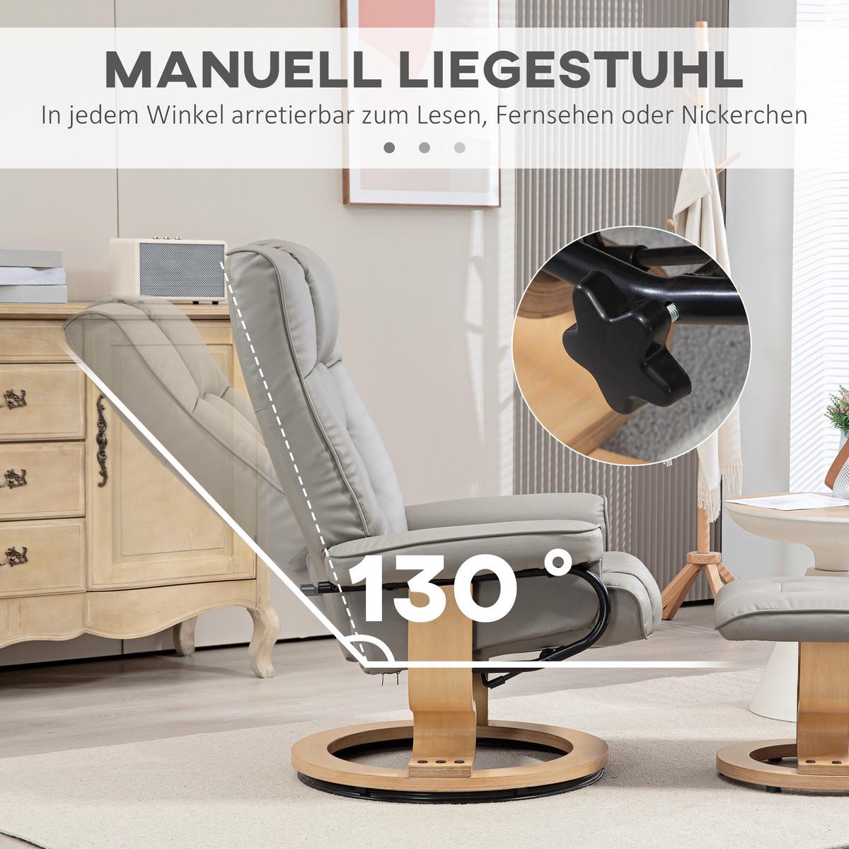 RELAXSESSEL mit Hocker, Drehbar Fernsehsessel mit Liegefunktion Kunstleder, Grau - Grau, Leder (85/104/76cm) - HOMCOM