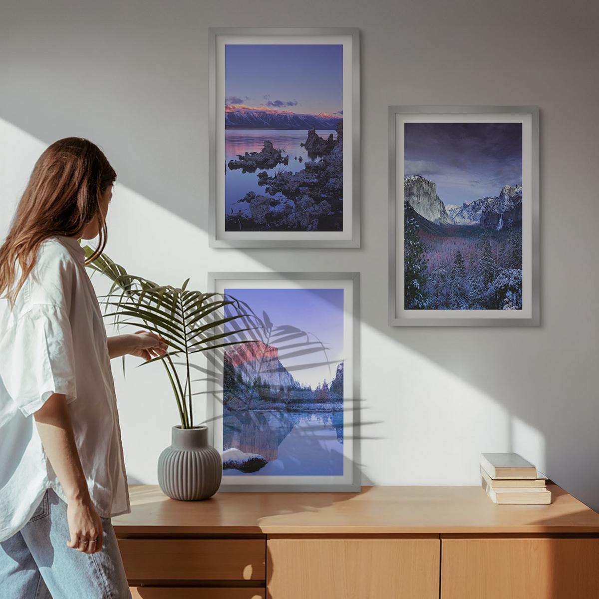 BILDER SET 3er Set - 40x60 cm Silberner Rahmen - Berglandschaften, Sonnenuntergang, Wasser - Silberfarben, Kunststoff (40/60cm) - TULUP
