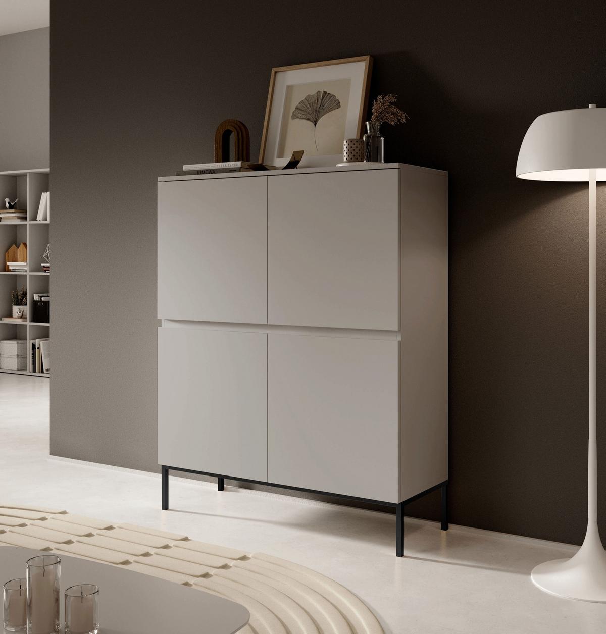 HIGHBOARD Bemmi Beige mit schwarzen Beinen 4-türig 100 cm - Beige/Schwarz, Holzwerkstoff/Metall (100/120.5/35cm) - Selsey