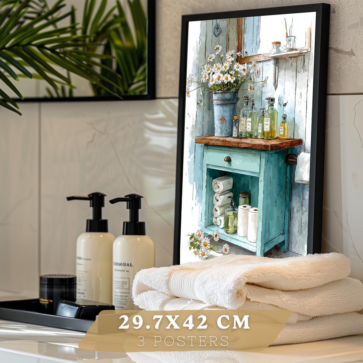 POSTER Set 3 dekorative Badezimmer-Poster im Cottage-Stil für Wand, Waschbecken, Dusche, florale Dekoration mit Badezimmermöbeln Schwarzer Rahmen A3 - Schwarz, Papier (42/29.7/3cm) - Nacnic