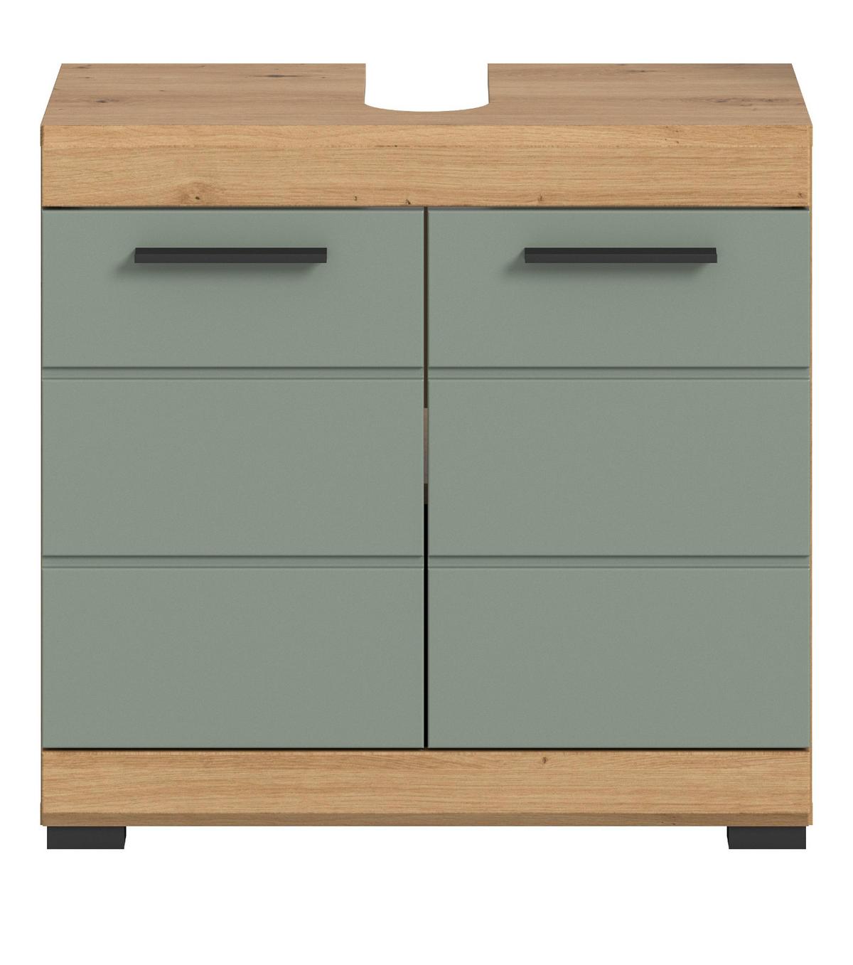 WASCHBECKENUNTERSCHRANK Salbei grün, Eiche Artisan 60 cm mit Rillenoptik - Salbeigrün/Schwarz, Holzwerkstoff/Kunststoff (60/56/34cm) - Inn.Furn