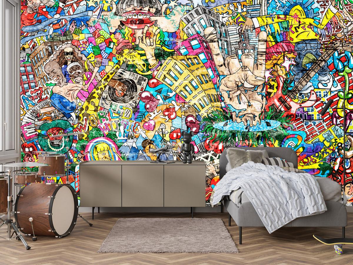 FOTOTAPETE für Jugendzimmer Buntes Graffiti Streetart Bunt 250x175 - Türkis/Gelb, Papier (250/175cm) - Muralo