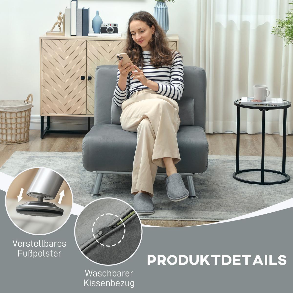 KLAPPBAR Schlafsessel Schlafsofa Klappmatratze Bett Gästebett Grau - Silberfarben/Grau, Textil/Metall (70/75/75cm) - HOMCOM