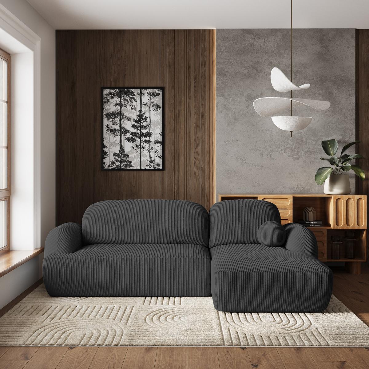 ECKSOFA MODENZA P R-S Graphitfarben Kordstoff mit Schlaffunktion - Graphitfarben/Schwarz, Holz/Kunststoff (266/148cm) - MASSENO