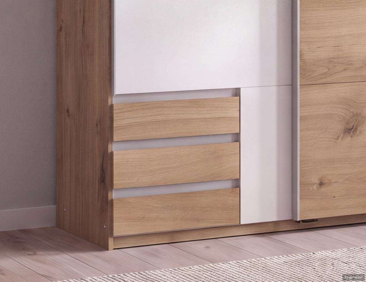 SCHWEBETÜRENSCHRANK 2-türig B135/H198/T65 cm, Kleiderschrank mit sichtbaren Schubkästen in Eiche Dekor, 1x Tür in Weiß / 22663 - Eichefarben/Alufarben, Holz/Holzwerkstoff (135/198/65cm) - luma-home