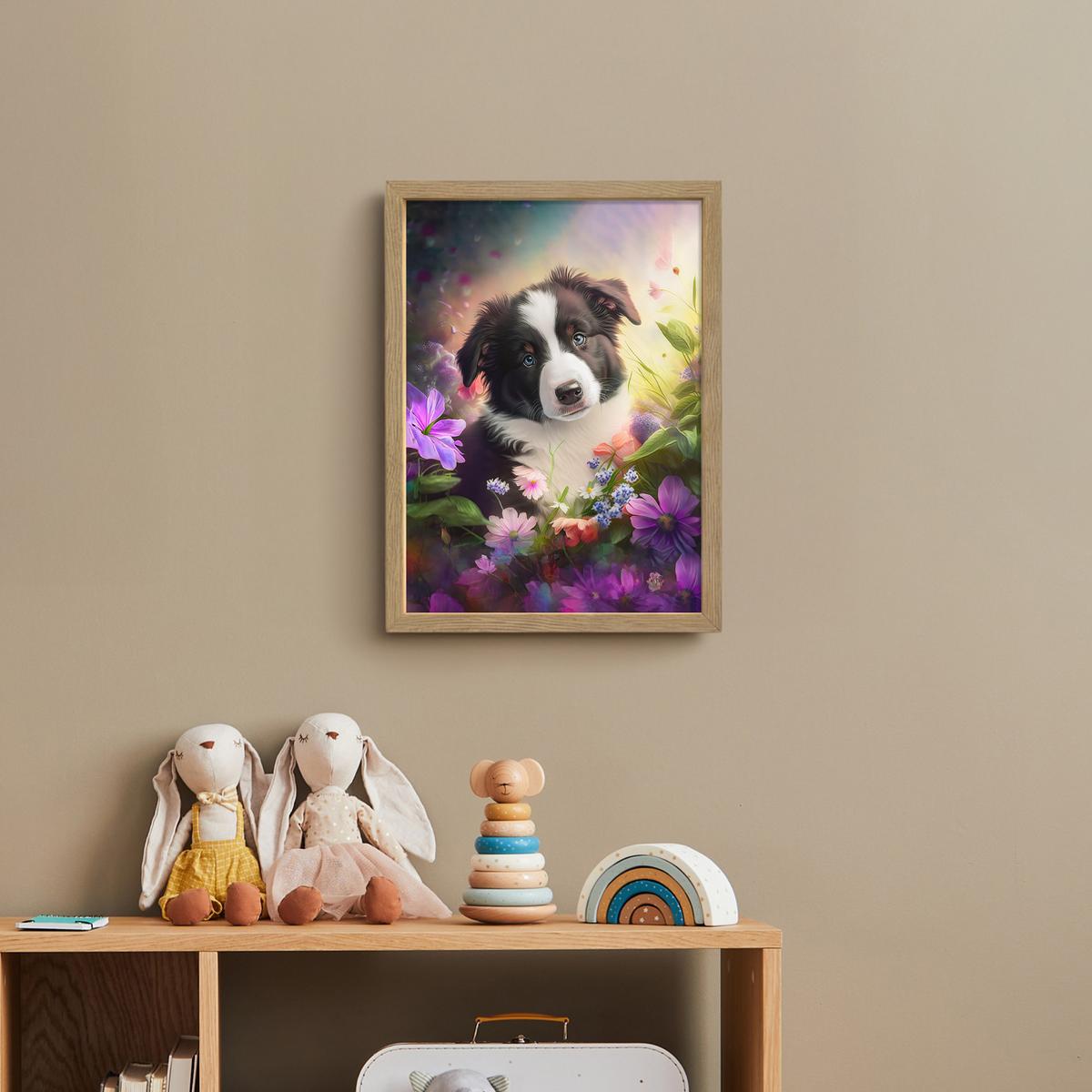 WANDLEUCHTE MIT AKKU Welpe - Sonne - Blumen - Natur - Border Collie - Hund 30x40 cm - Violett, Holzwerkstoff (30/40/8cm) - OnlyWow