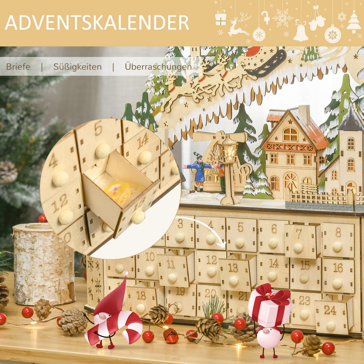 ADVENTSKALENDER Weihnachtskalender 24 Schubladen mit LED-Lichtern MDF Naturholz - Naturfarben, Kunststoff (13/43/45cm) - HOMCOM