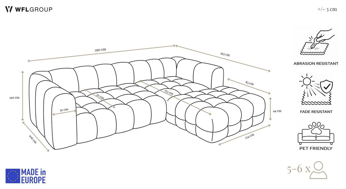 ECKSOFA Mochi L-Form 5-Sitzer Rechts, Samt, Beige 290/75/193 cm - Ecru/Beige, Kunststoff/Textil (193/290cm) - WFL GROUP