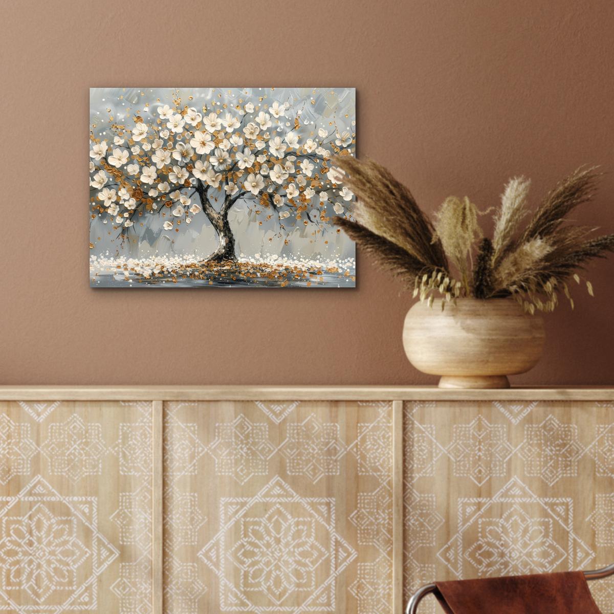 METALLBILD Baum - Blumen - Weiß - Natur - Kunst 40x30 cm - Weiß, Metall (40/30cm) - MuchoWow