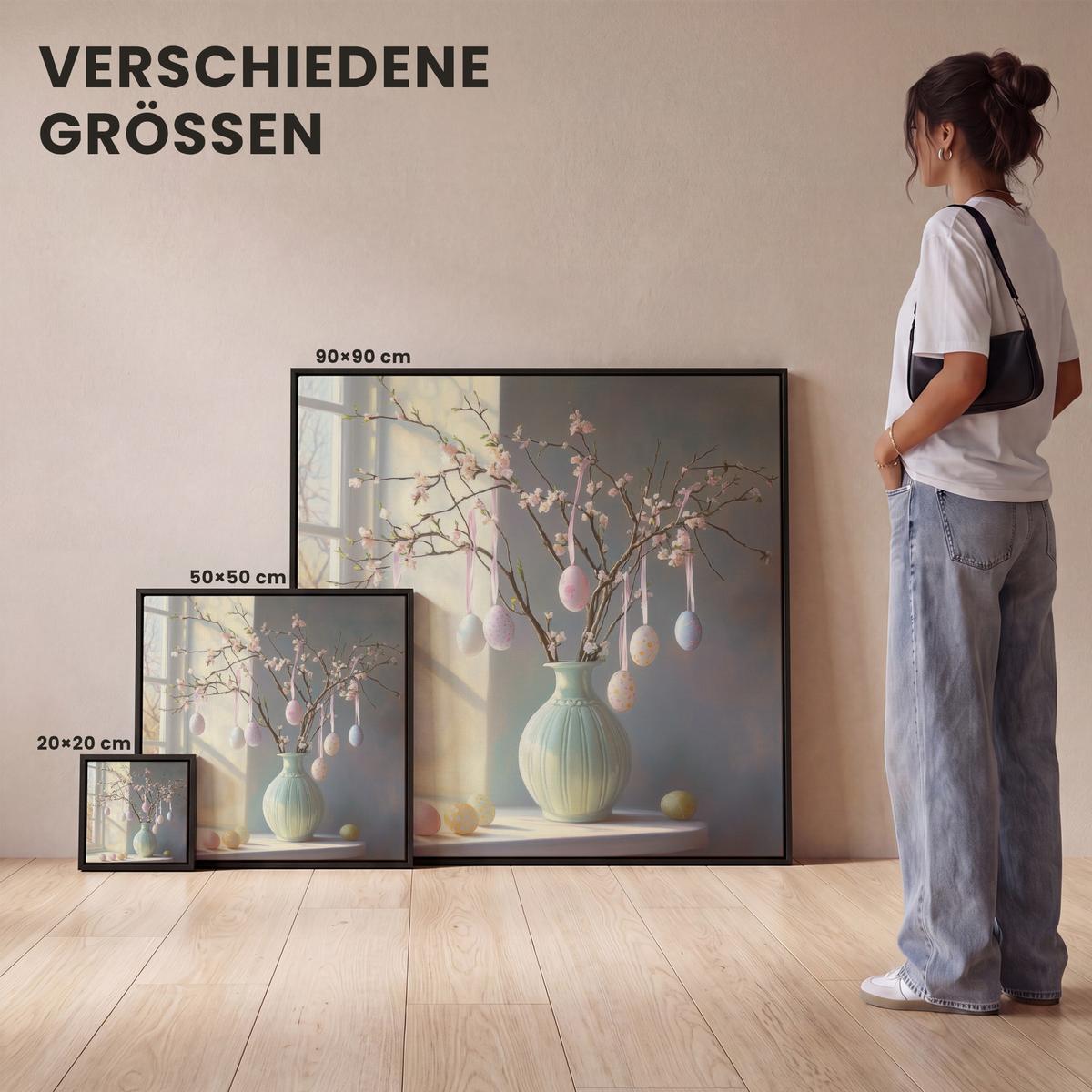 LEINWAND Bilder mit Rahmen - Stillleben - Vase - Osterzweig - 50x50 - Hellblau, Textil (50/50cm) - MuchoWow