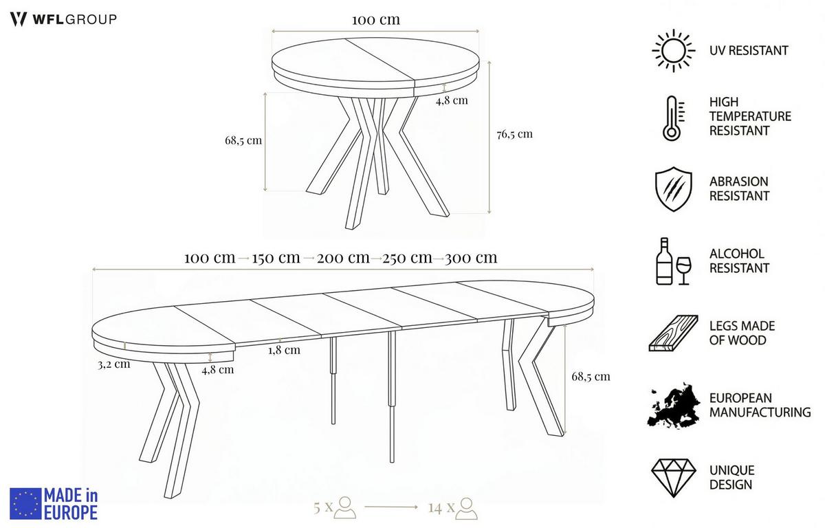 ESSTISCH Savio Neo rund ausziehbar verlängerbar XXL, Weiß 100-300/100/77 cm - Schwarz/Weiß, Holz/Holzwerkstoff (100/300/77cm) - WFL GROUP