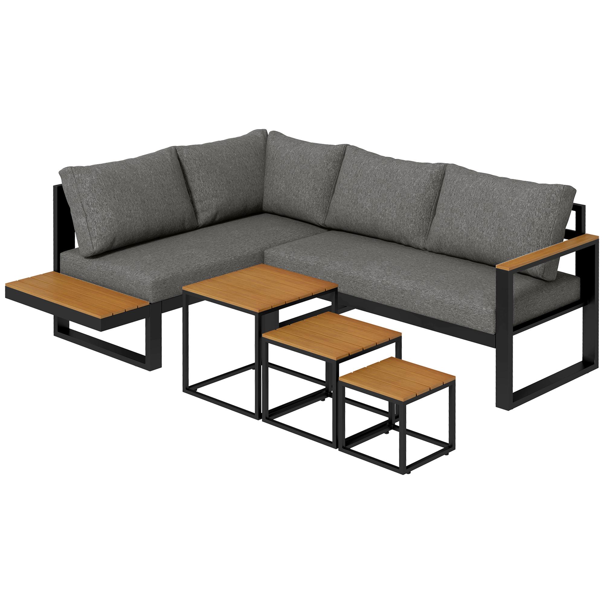 GARTENMÖBEL-SET, mit Ecksofa, Couchtisch, mit Sitzkissen, Aluminium, Kunststoff, Grau - Dunkelgrau, Metall - Outsunny