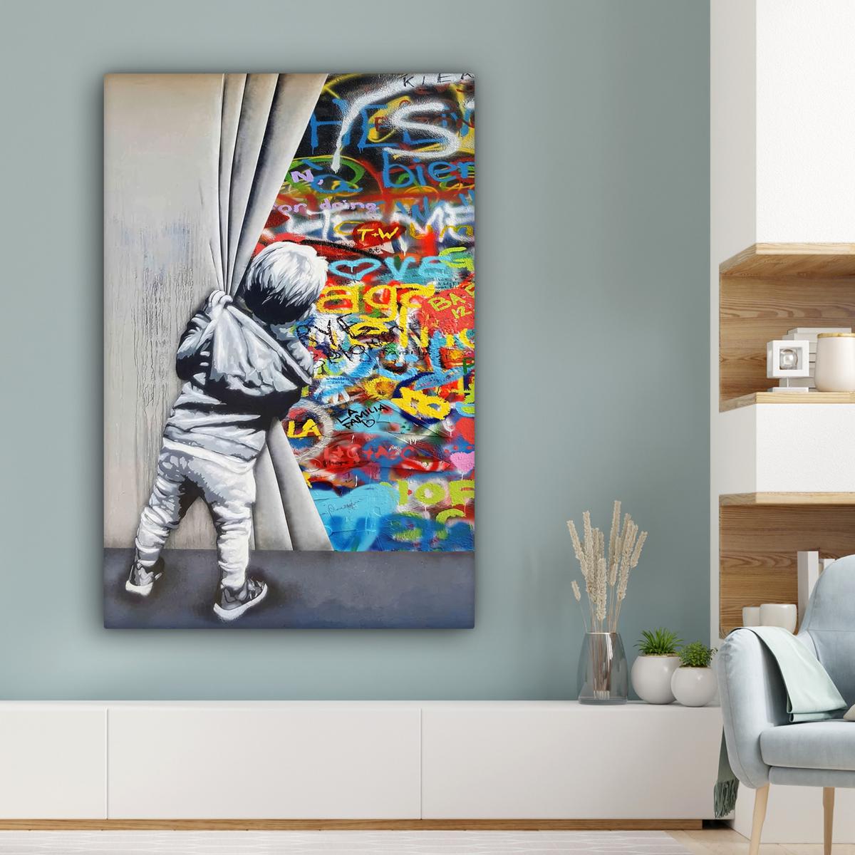 LEINWANDBILD Graffiti - Junge - Ilussie - Straßenkunst Deko Groß 90x140 cm - Hellgrau, Textil (90/140cm) - MuchoWow
