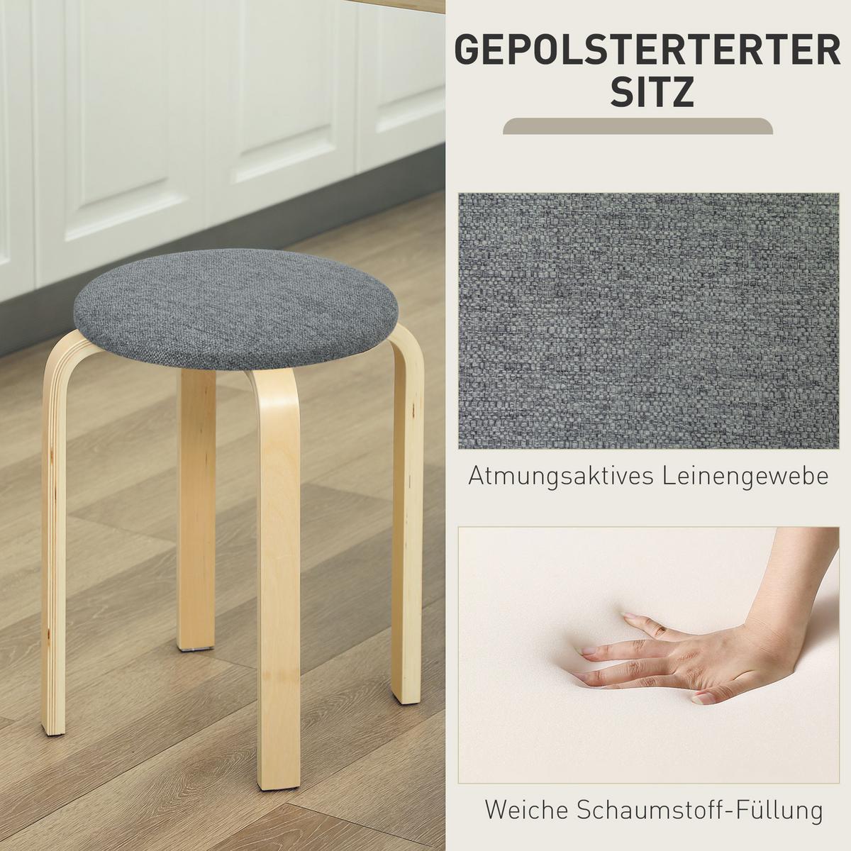 4ER Set Esszimmerhocker Stapelhocker Hocker mit Leinenoptik für Wohnzimmer Grau - Grau, Holzwerkstoff (40/45/40cm) - HOMCOM