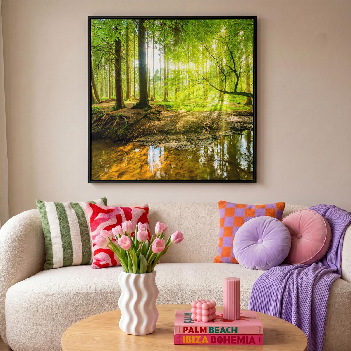 LEINWAND Bilder mit Rahmen - Wald - Landschaft - Wasser - Bäume - Sonne - Grün - Natur - 90x90 - Grün, Textil (90/90cm) - MuchoWow