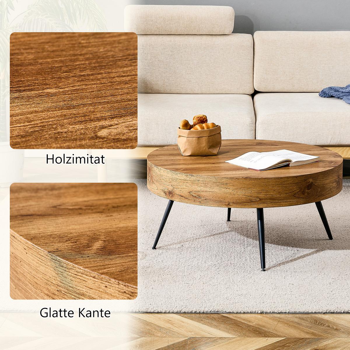 COUCHTISCH holzoptik rund metallbeine kompakt - Naturfarben, Holzwerkstoff (70/70/35.5cm) - Urban Meuble