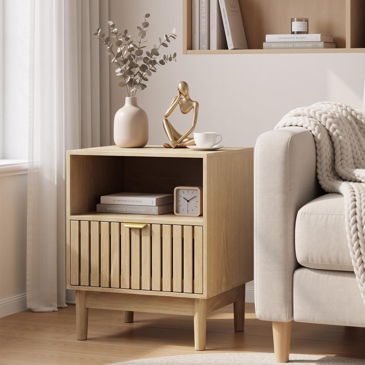 NACHTTISCH eichen-optik & latten-design mit 1 schublade & offenem fach - Eichefarben, Holzwerkstoff (45/56/39cm) - Urban Meuble