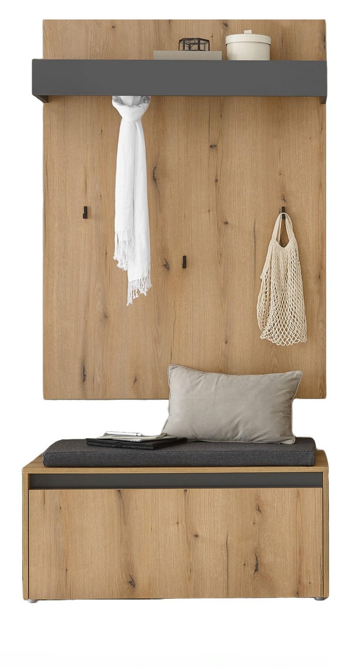 GARDEROBEN-SET Evoke Eiche, grau 100 cm 3-teilig, Flurgarderobe inkl. Sitzkissen - Eichefarben/Schwarz, Holzwerkstoff/Kunststoff (100/200/40cm) - Furn.Design