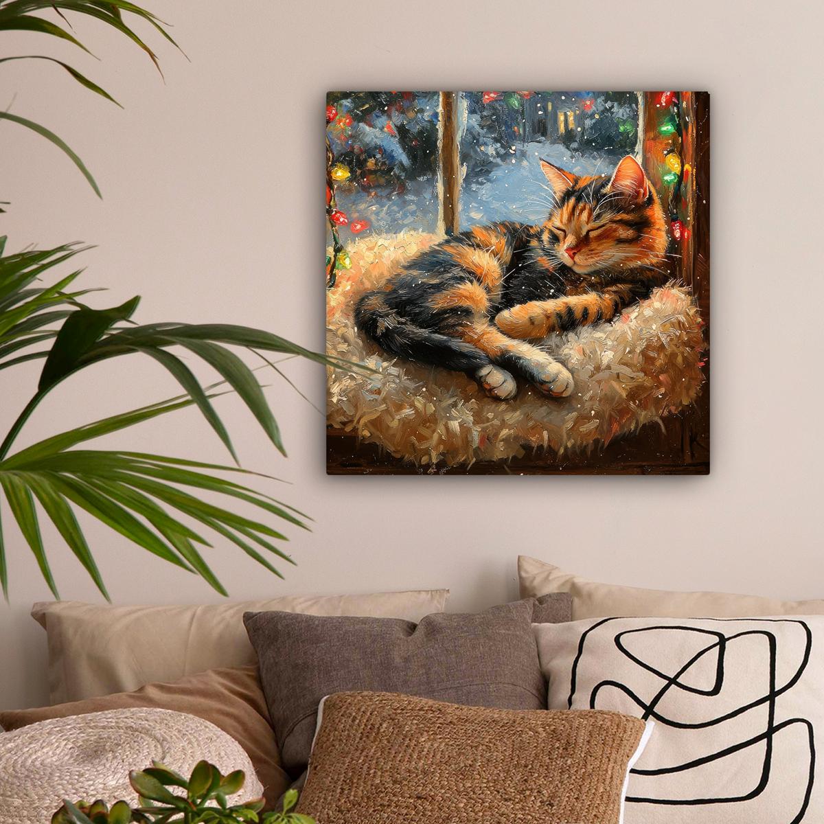 LEINWANDBILD Katze - Weihnachten - Winter - Tier Wandbild Wohnzimmer 50x50 cm - Bernsteinfarben, Textil (50/50cm) - MuchoWow