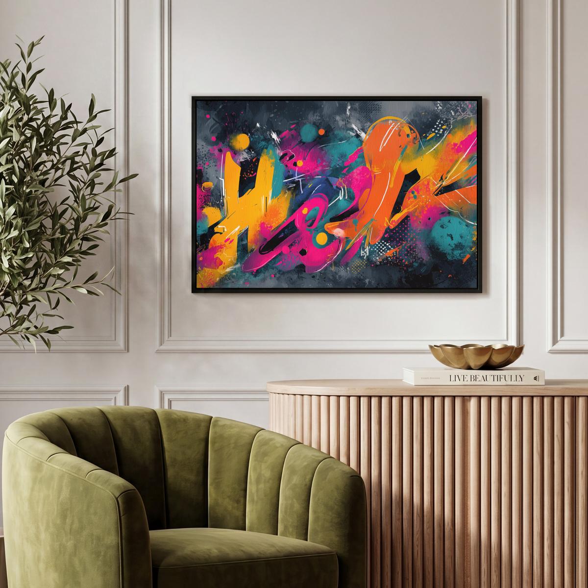 LEINWAND Bilder mit Rahmen - Abstrakt - Graffiti - Farbenfroh - Farbspritzer - 60x40 - Multicolor, Textil (60/40cm) - MuchoWow
