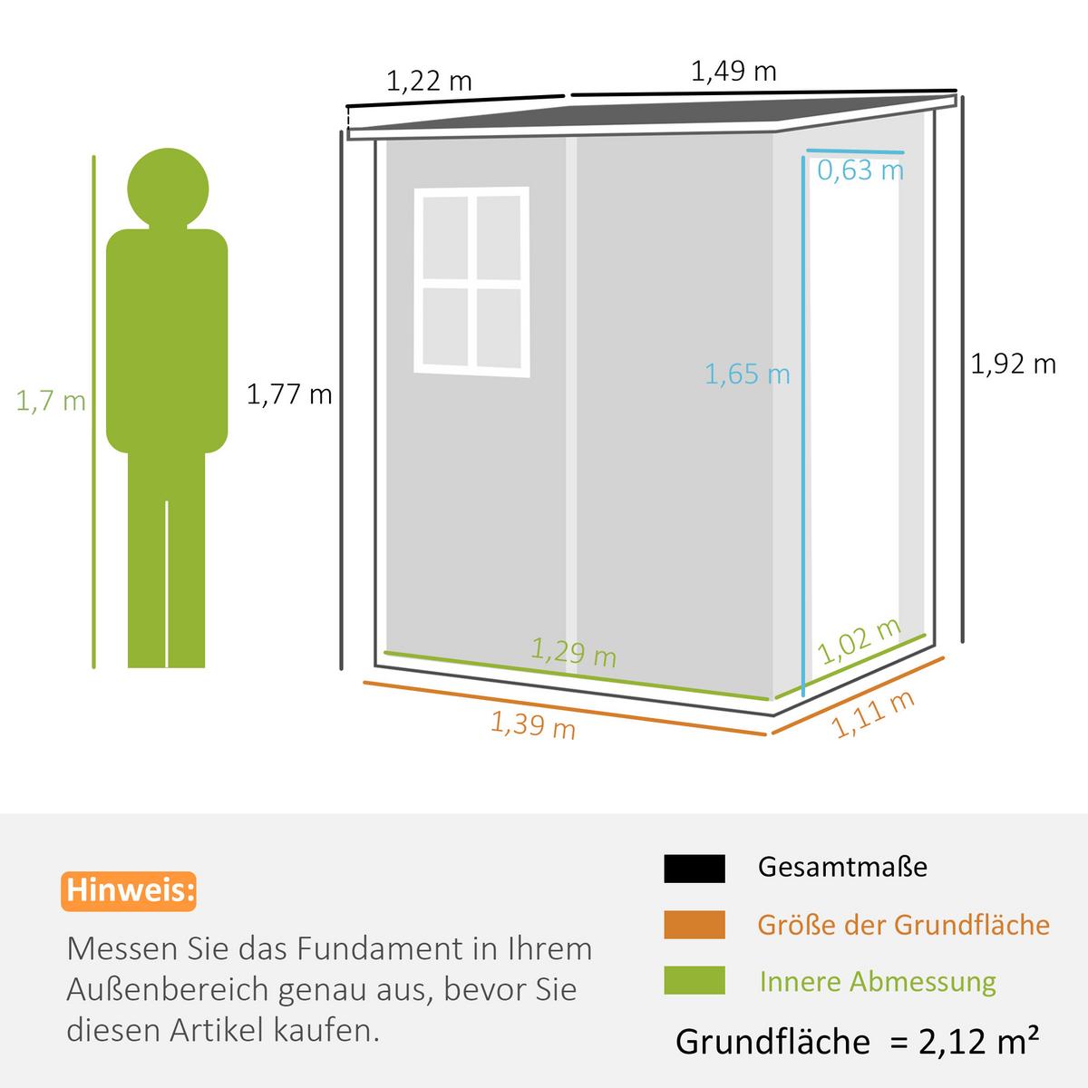 GERÄTEHAUS 1,54m³, Gartenhaus mit Pultdach, 122 x 149 x 192/177 cm Gartenschrank - Grau, Metall (149/192/122cm) - Outsunny