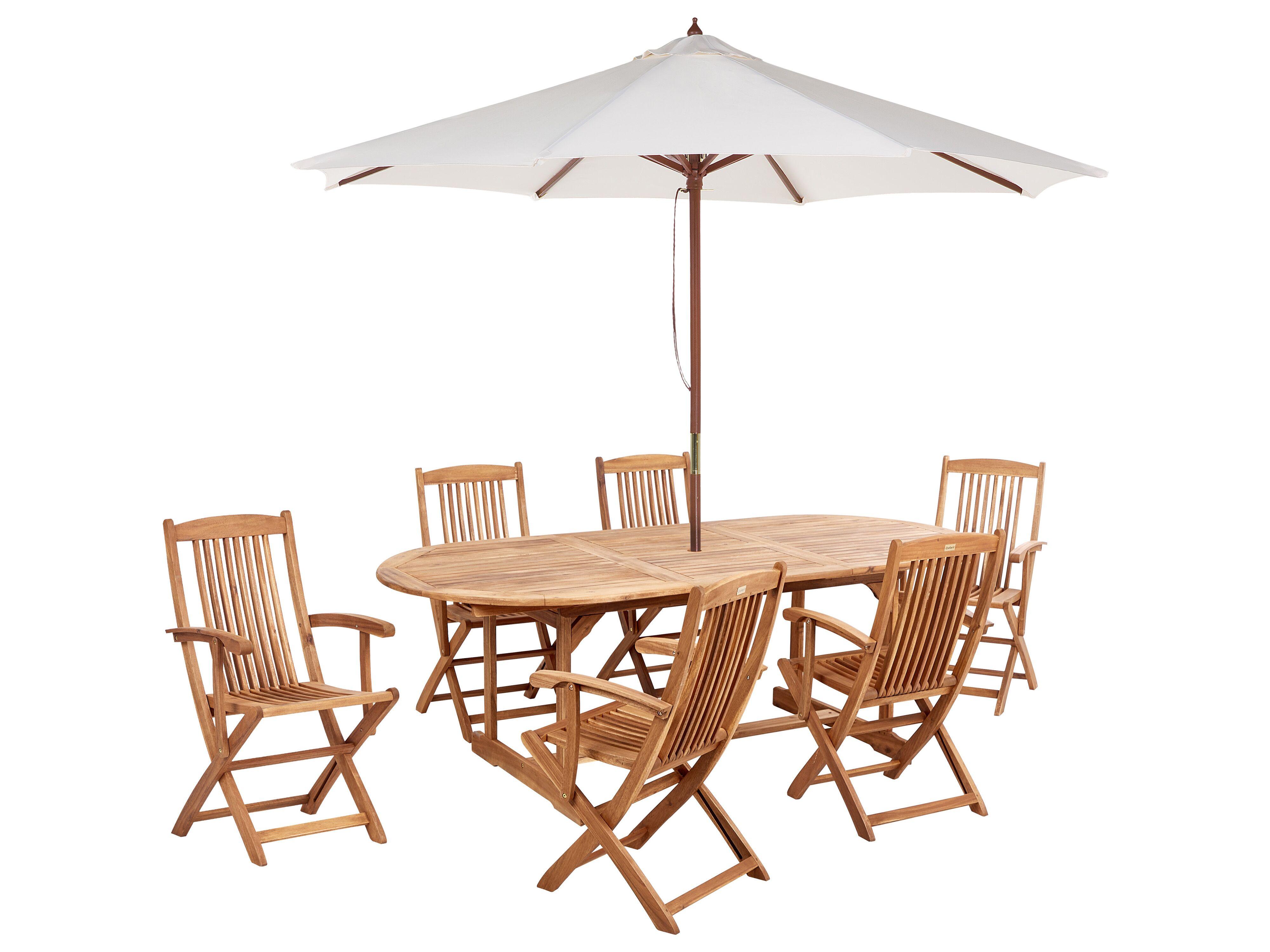 GARTENTISCH-SET 6-Sitzer Heller Holzfarbton mit Sonnenschirm Maui II - Hellbraun/Beige, Holz - Beliani