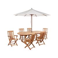 GARTENTISCH-SET 6-Sitzer Heller Holzfarbton mit Sonnenschirm Maui II - Hellbraun/Beige, Holz - Beliani