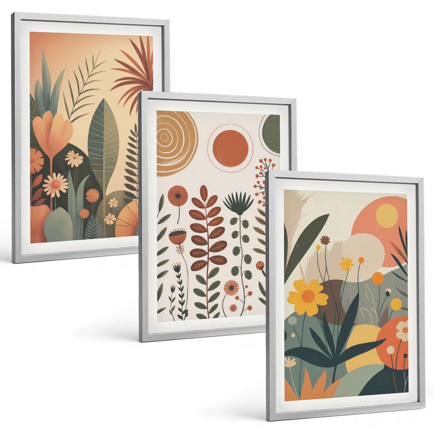 BILDER SET 3er Set - 40x60 cm Silberner Rahmen - Boho-Pflanzenmuster Natur - Silberfarben, Kunststoff (40/60cm) - TULUP
