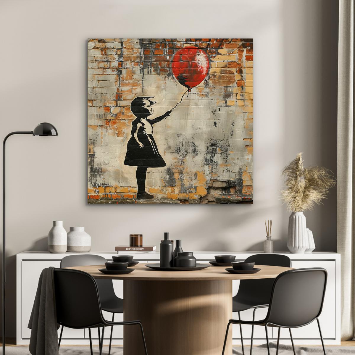 METALLBILD Graffiti - Banksy - Mädchen - Straßenkunst 90x90 cm - Sandfarben, Metall (90/90cm) - MuchoWow
