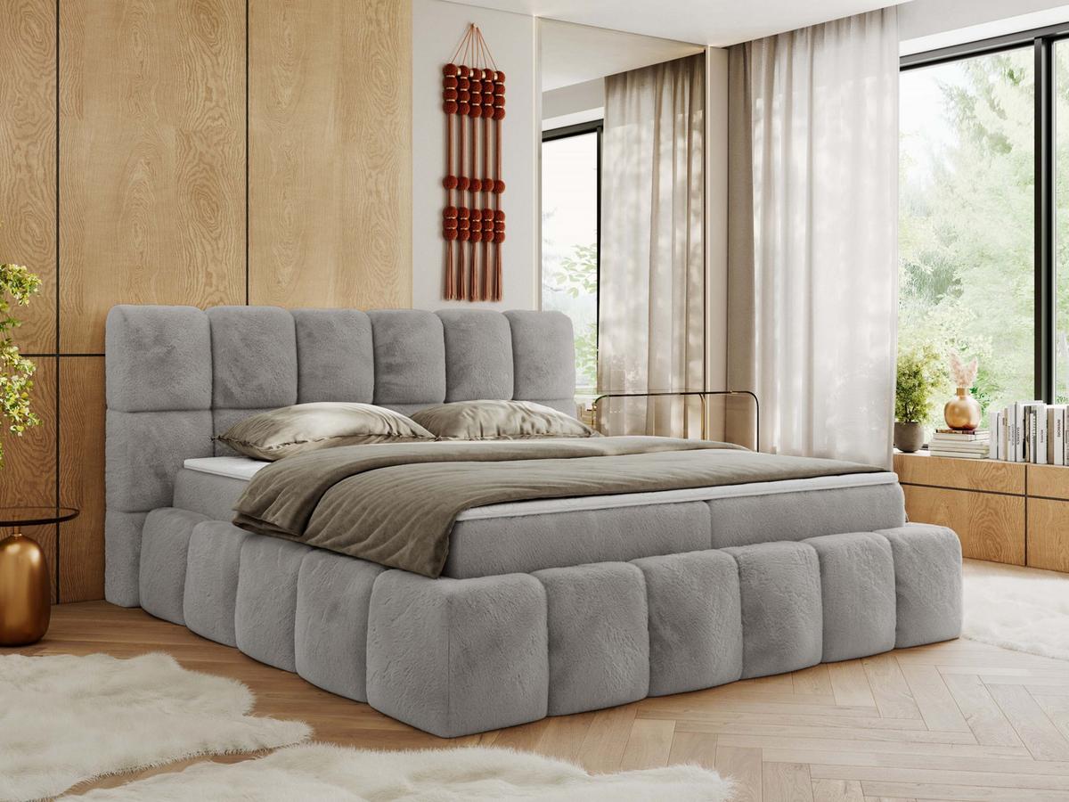 BOXBETT NIRA 180/200 - Hellgrau Plüsch - H3 - Hellgrau, Holz/Textil (180/200cm) - MKS