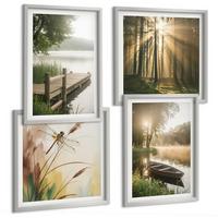 BILDER SET 4er Set - 50x50 cm & 40x60 cm Silberner Rahmen - See, Wald, Boot, Morgennebel - Silberfarben, Kunststoff (50/50cm) - TULUP