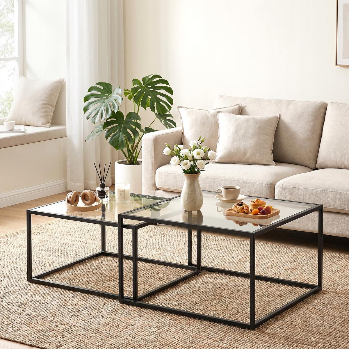 COUCHTISCHE 2er Set Gehärtetes Glas Metall Schwarz - Schwarz, Glas/Metall (75/75/42cm) - HOMCOM
