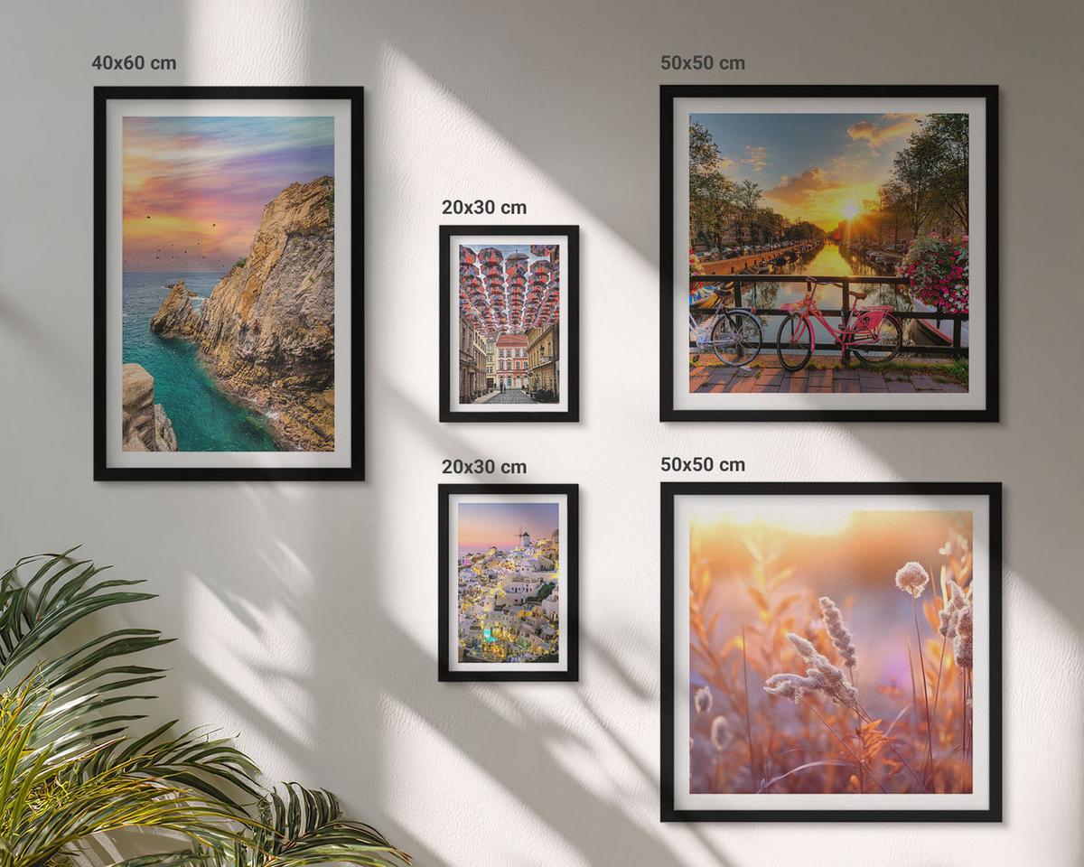 BILDER SET 5er Set - 50x50 cm & 20x30 cm & 40x60 cm Schwarzer Rahmen - Sonnenuntergänge am Meer - Schwarz, Kunststoff (40/60cm) - TULUP