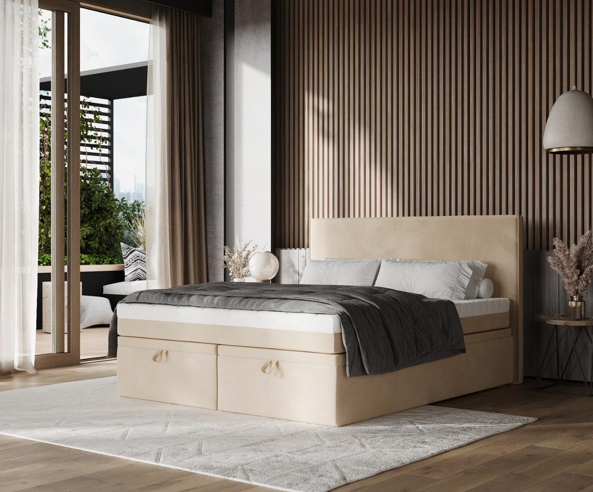 BOXBETT Zalla 180/200 cm Beige im Kronos Stoff - Beige/Schwarz, Holz/Holzwerkstoff (180/200cm) - AltaBeds