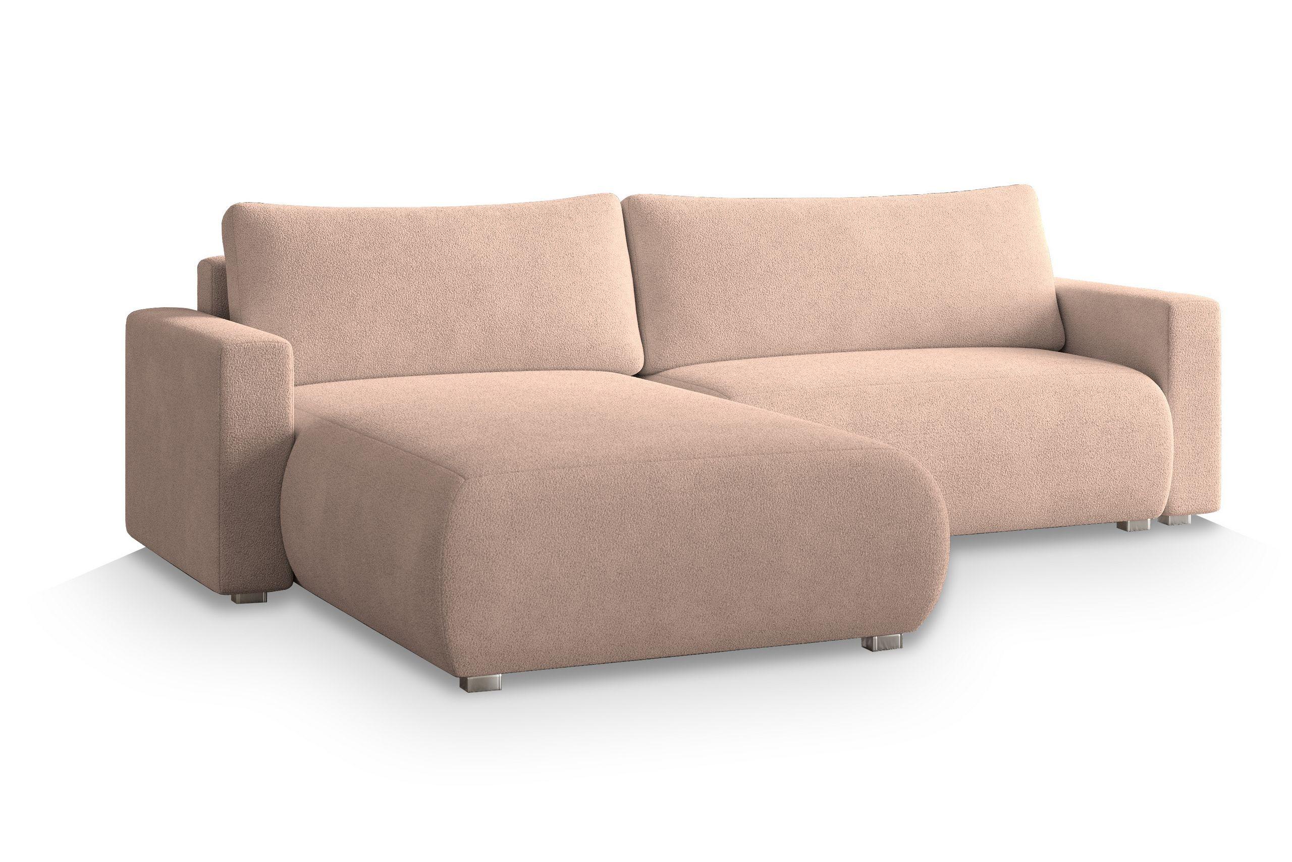 ECKSOFA TURIN N Rosa Bucle-Stoff mit Schlaffunktion - Rosa/Grau, Holz/Kunststoff (265/183cm) - MASSENO