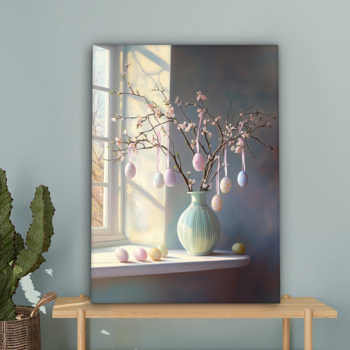 LEINWANDBILD Stillleben - Vase - Osterzweig Wandbild Wohnzimmer 60x80 cm - Hellblau, Textil (60/80cm) - MuchoWow