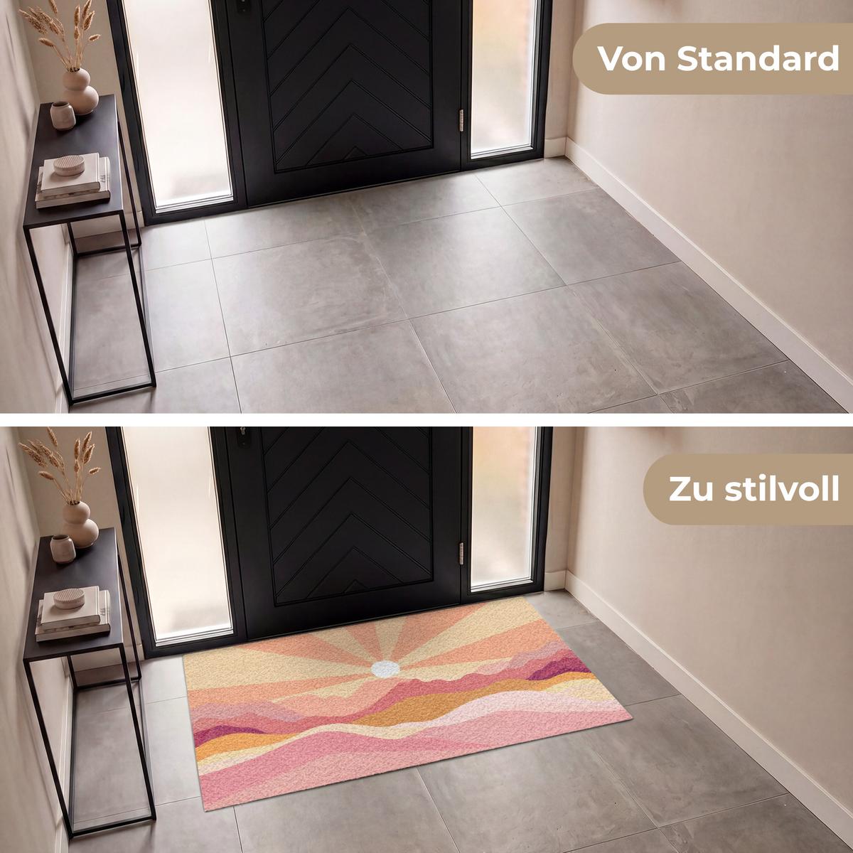 FUSSMATTE Berge - Abstrakt - Sonnenstrahlen - Rosa Sauberlaufmatte 150x90 cm - Rosa, Kunststoff (150/0.4cm) - MuchoWow
