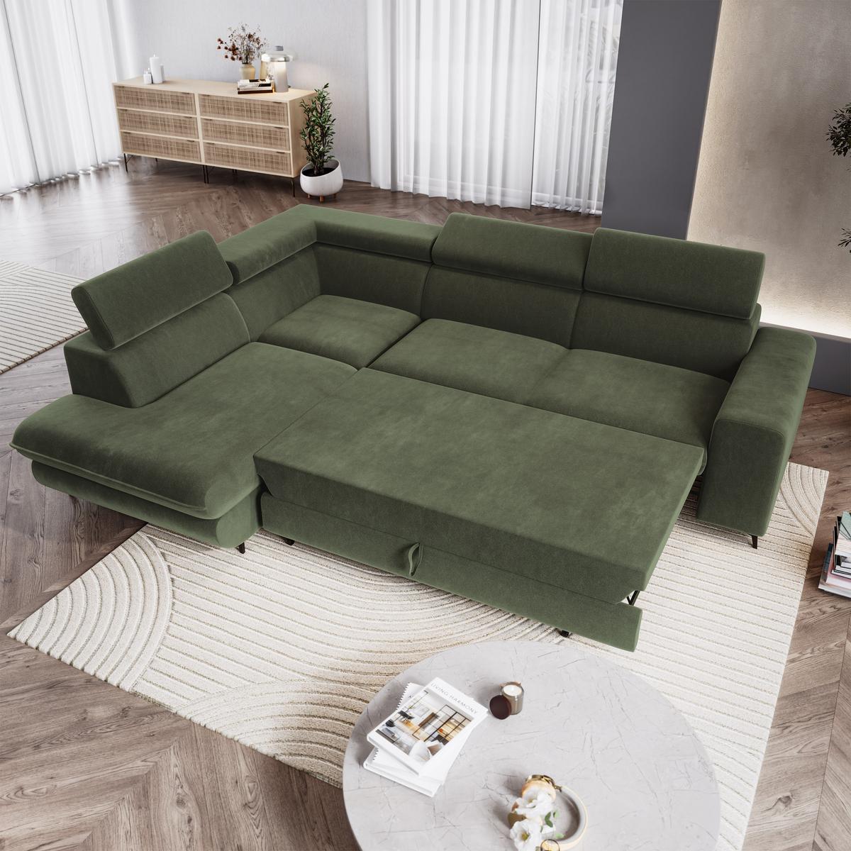 ECKSOFA VELISS Olivgrün Veloursstoff mit Schlaffunktion - Olivgrün, Holz (255/193cm) - MASSENO
