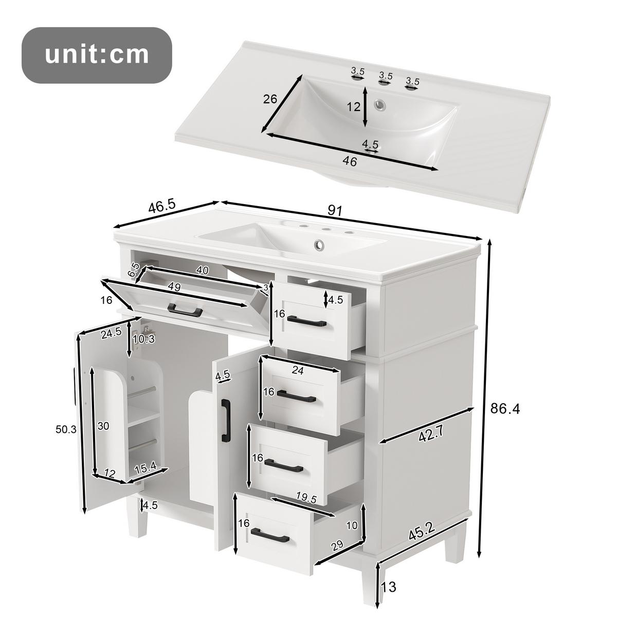 WASCHTISCH Weiß mit schwarzen Griffen, 5 Schubladen & Türregal - Weiß, Holzwerkstoff (90/87/46cm) - Urban Meuble