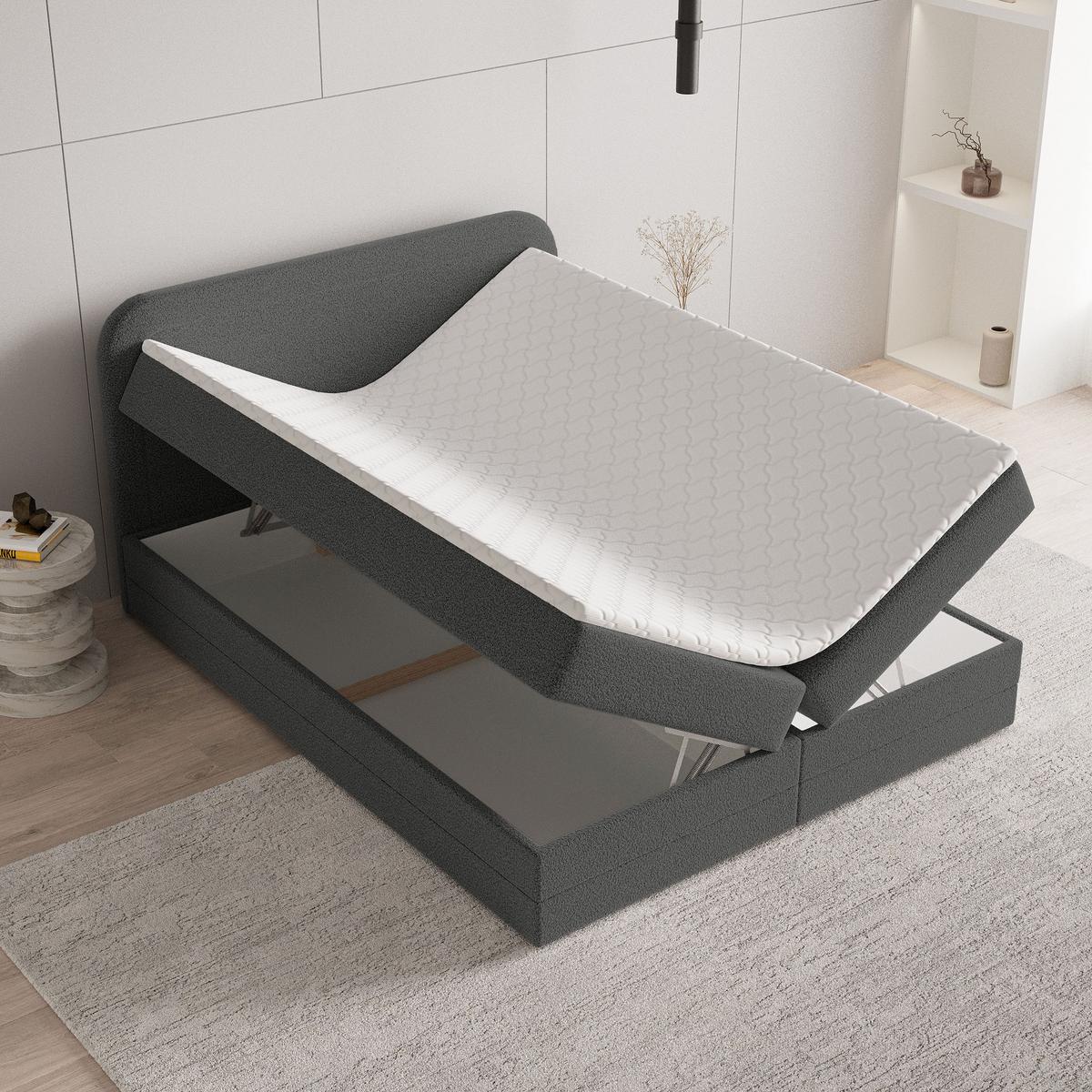 BOXBETT ARMEL 160x200 cm mit Matratze und Topper - Grau - Grau, Holz (160/200cm) - MASSENO