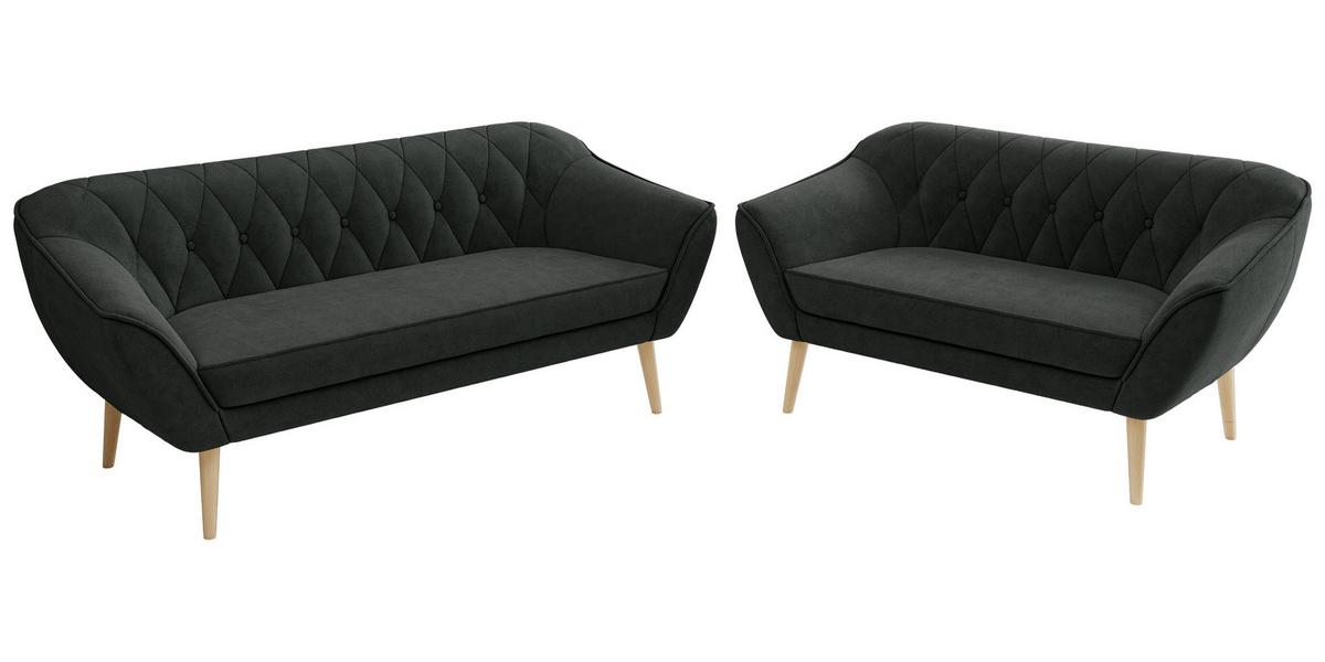 SITZGARNITUR PIRS 3+2 - Dunkelgrau Strukture - Holzbeine - Dunkelgrau/Buchefarben, Holzwerkstoff/Textil (180/75/74cm) - MKS